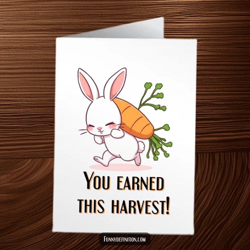 Funny free printable congratulations card of a rabbit straining under the weight of a huge carrot, symbolizing a massive achievement.