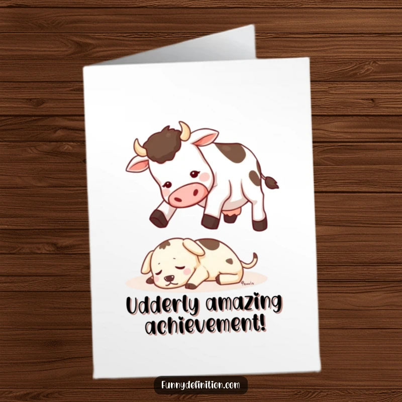 Funny Free Printable Congratulations Card features a cow attempting to jump over a tiny, sleeping dog, signifying overcoming obstacles.