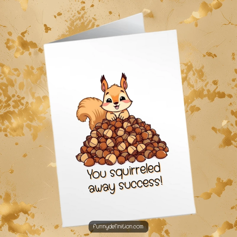 Funny free printable congratulations card: Squirrel proudly guards a massive pile of acorns, celebrating success, a downloadable gift.