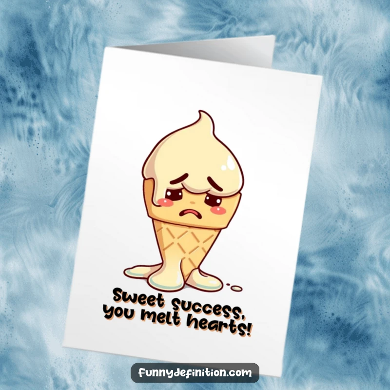 Funny Free Printable Congratulations Card shows a melting ice cream cone looking worried, celebrating a significant yet daunting achievement.