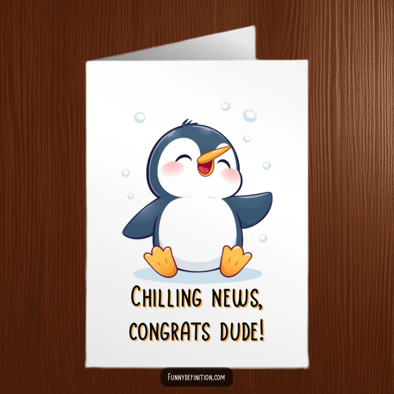 Funny Free Printable Penguin Congratulations Card: A cheerful penguin catching snowflakes, celebrating a big win with festive joy.