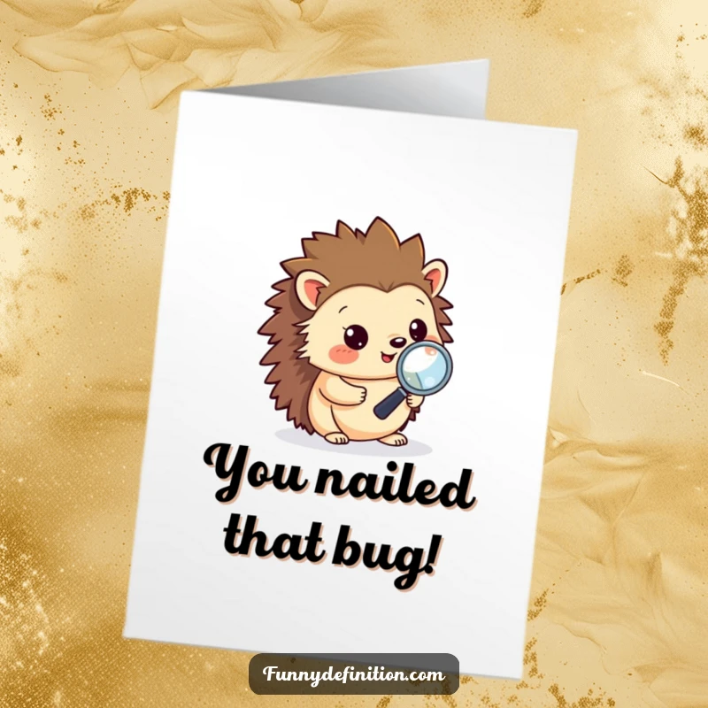 Funny free printable congratulations card: a happy hedgehog meticulously debugging code, celebrating a successful fix.