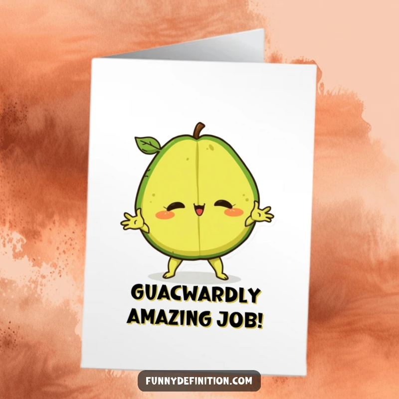 Funny Free Printable Congratulations Card with a flexible avocado performing a split, conveying extreme excitement and triumph.