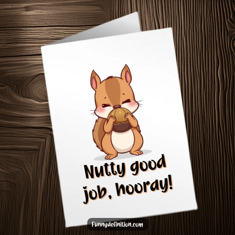 Funny Free Printable Congratulations Card features a nervous squirrel trying to conceal a huge nut behind its back, signifying a big accomplishment.