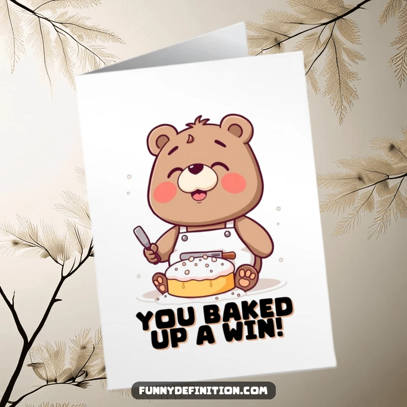 Funny Free Printable Congratulations Card: Clumsy bear in apron covered in flour attempting to bake a cake, celebrating effort.