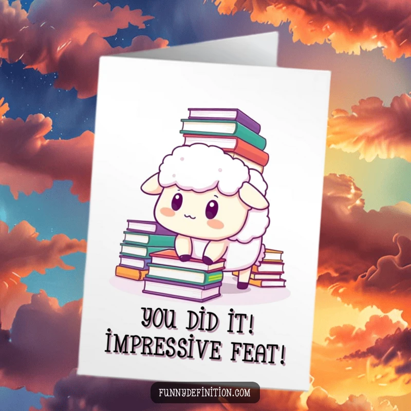 Funny free printable congratulations card showing a sheep comically startled by a pile of books symbolizing overwhelming success.