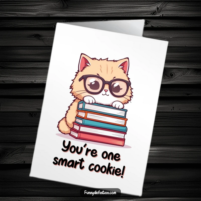Funny Free Printable Congratulations Card: Fluffy cat with glasses attempts to balance books, celebrating smarts.