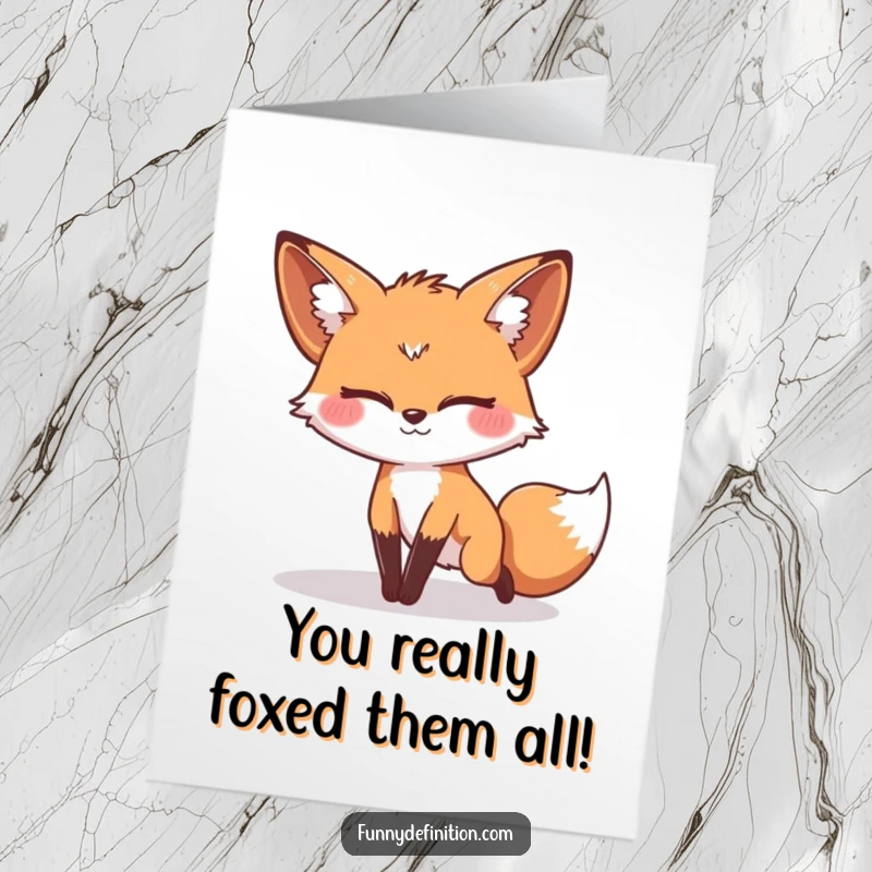 Funny Free Printable Fox Congratulations Card: A fox with a silly face tripping over its tail, celebrating success comically.