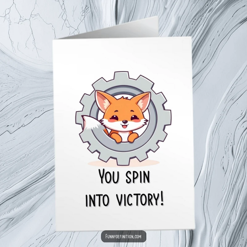 Funny free printable congratulations card: a cheerful fox peeking from behind a spinning gear, symbolizing clever accomplishment.