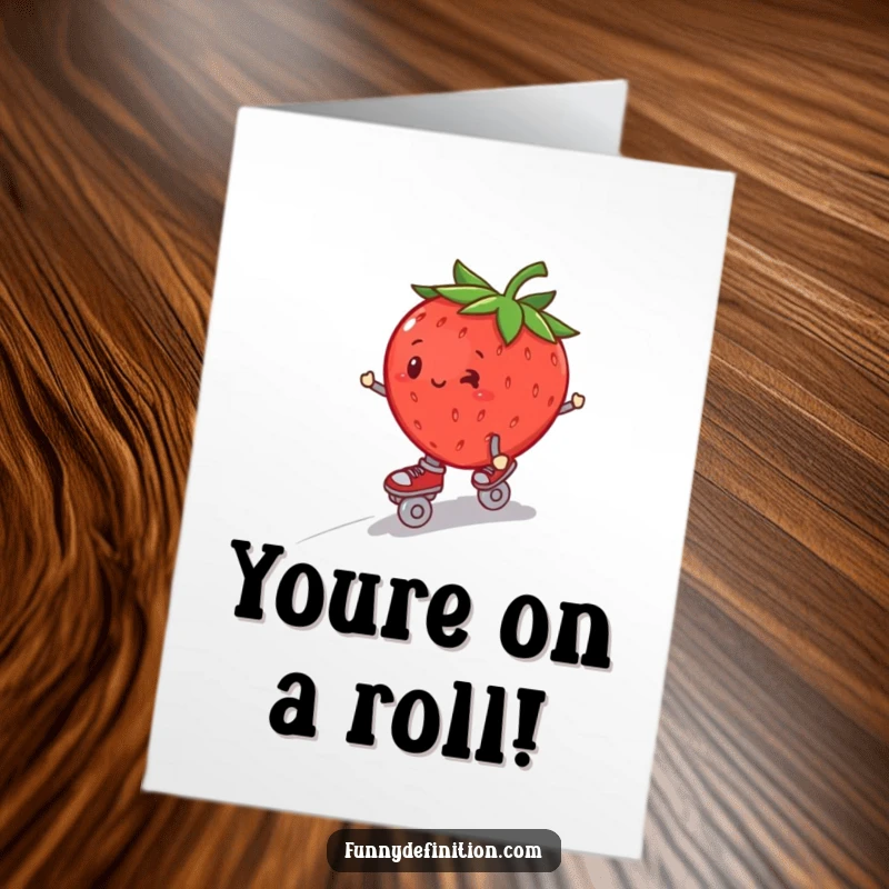 Free Printable Congratulations Card: A plump strawberry in roller skates, teetering downhill, a funny downloadable for celebrating achievements.