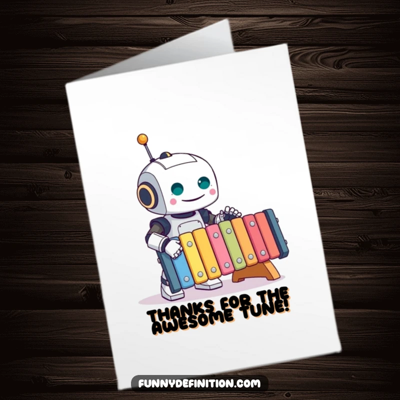 Funny Free Printable Robot Thank You Card: A happy robot plays a colorful xylophone, expressing gratitude musically.