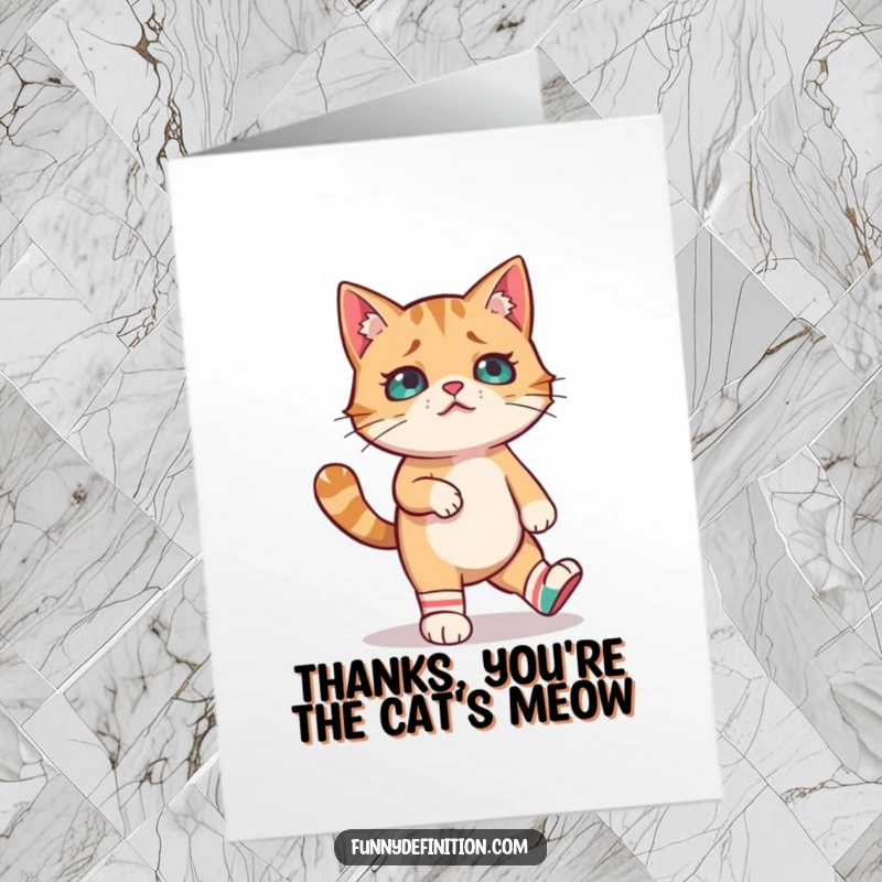 Funny Free Printable Thank You Card: A perplexed cat tries to take steps, sporting odd, mismatched socks on its feet.