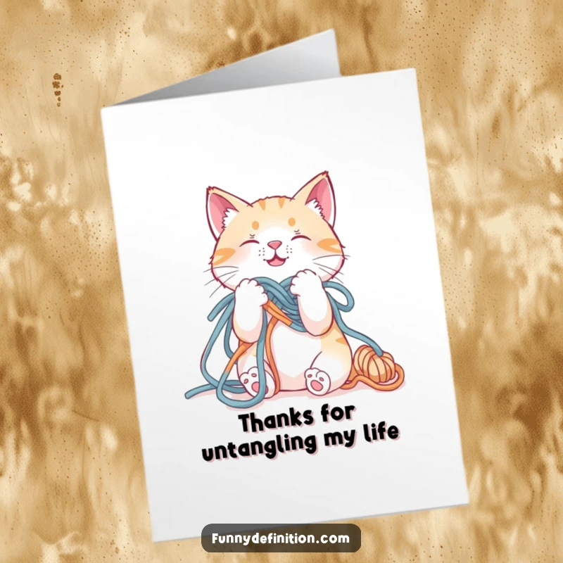 Funny Free Printable Thank You Card: A cat is hilariously tangled in yarn, but sending thanks. A comical downloadable.