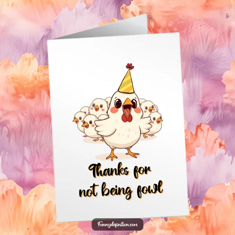 Funny Free Printable Thank You Card: A shocked chicken sporting a mini party hat makes a quick escape from its peers.