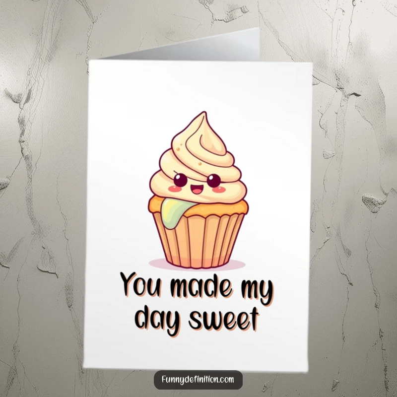 Funny Free Printable Thank You Card: A surprised cupcake with frosting slides down a rainbow, sending thanks. Comical downloadable.
