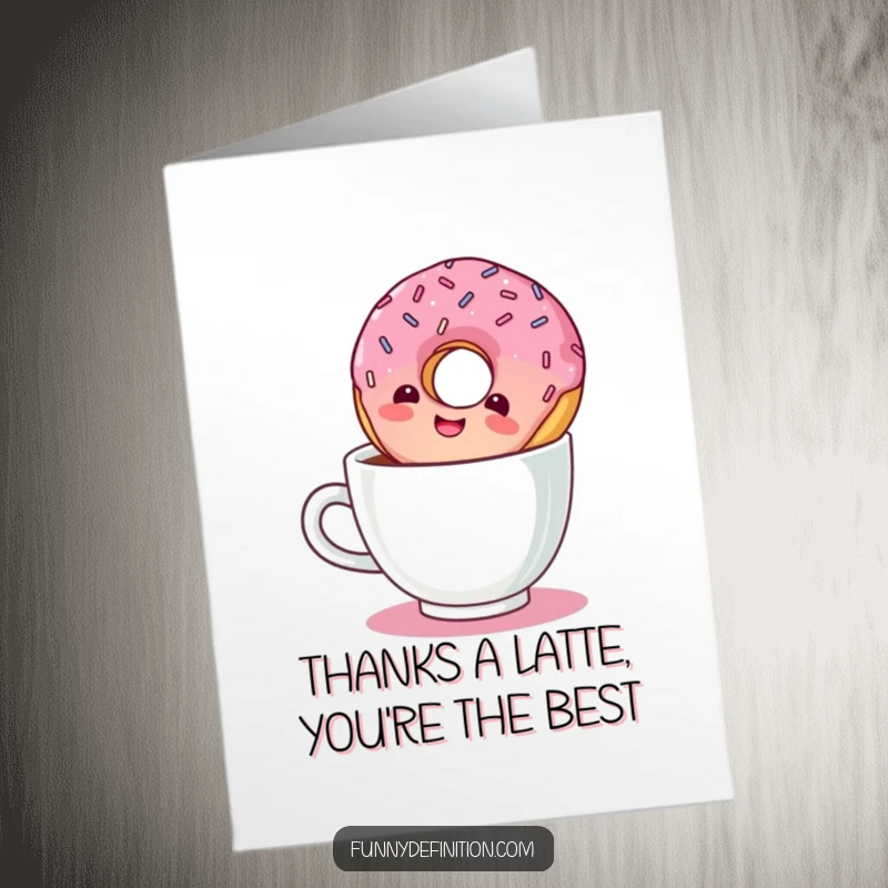 Funny Free Printable Thank You Card: A happy donut floats upside down in coffee, saying thanks!