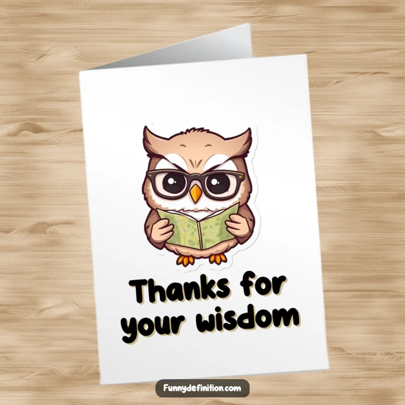 Funny Free Printable Thank You Card: A confused owl wearing glasses tries to read a small map. Comical downloadable.
