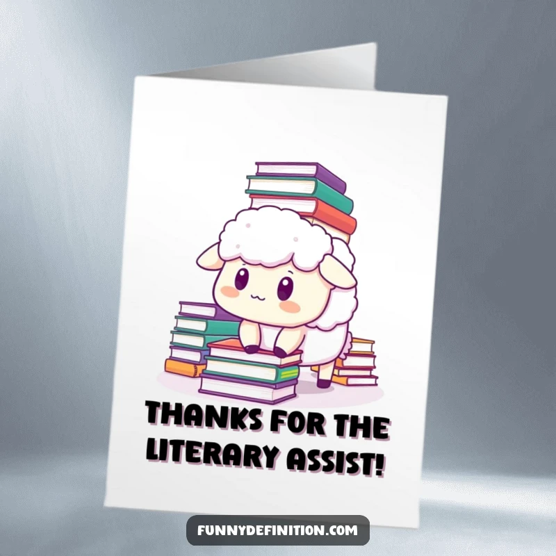 Funny free printable thank you card of a sheep looking shocked as books tumble, a humorous way to express gratitude.