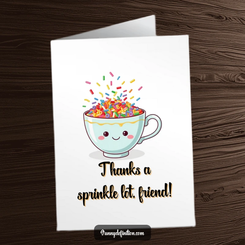 Funny Free Printable Thank You Card: A whimsical teacup overflowing with colorful, happy dancing sprinkles.