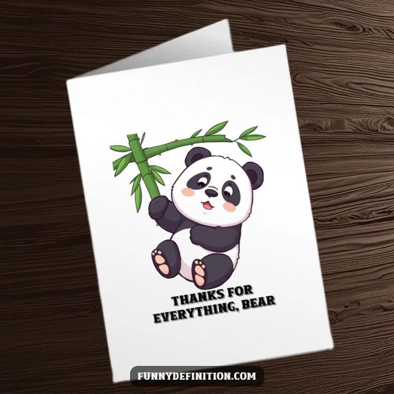 Funny Free Printable Thank You Card: Panda hangs upside down from bamboo branch, showing effort, downloadable appreciation.