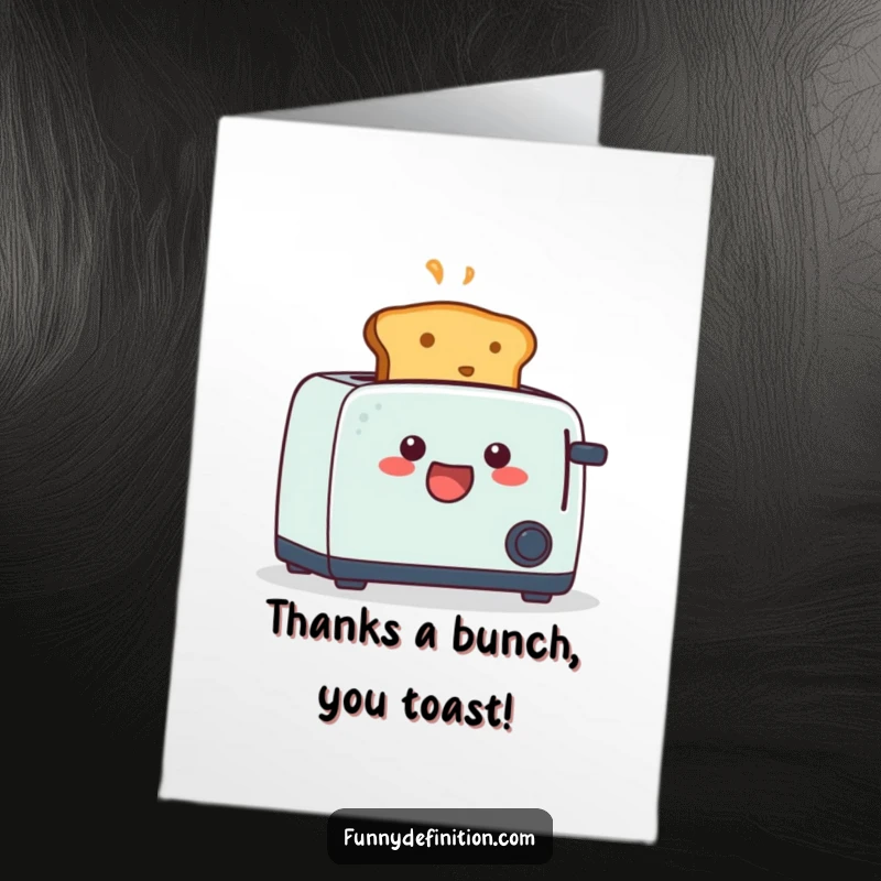 Funny Free Printable Thank You Card shows a shocked piece of toast bursting from a toaster, expressing surprise and thanks.