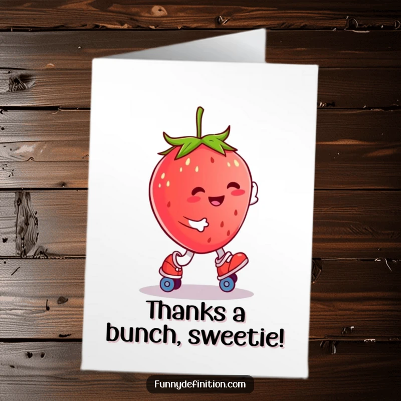 Funny Free Printable Thank You Card: Strawberry on roller skates glides along, happy expression, downloadable appreciation.