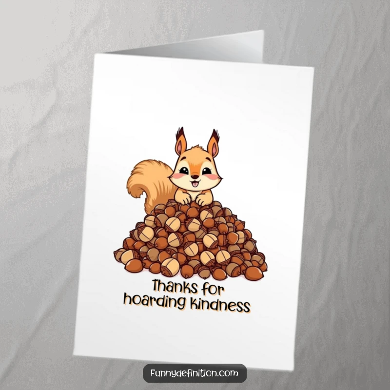 Funny free printable thank you card: A squirrel hoarding a huge pile of acorns looks grateful, a downloadable gift.