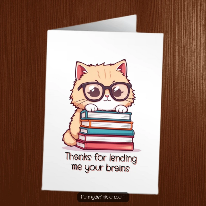 Funny Free Printable Thank You Card: Fluffy cat in glasses balancing books, conveying wise gratitude.