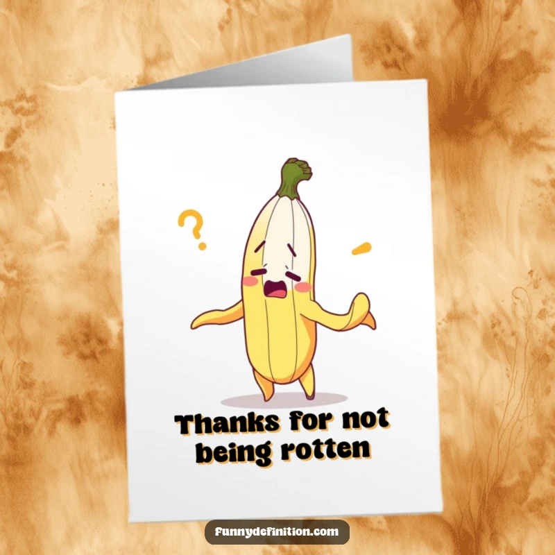 Funny Free Printable Thank You Card: A bewildered banana looks confused while giving thanks. A humorous downloadable greeting.
