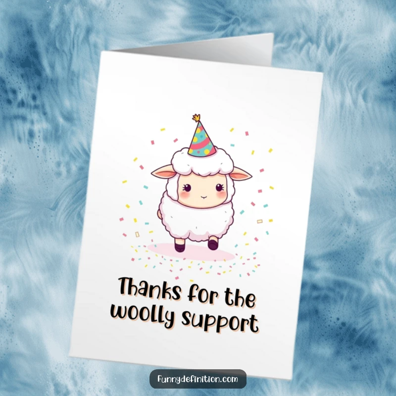 Funny Free Printable Thank You Card: A fluffy sheep in a party hat hilariously attempts to corral bouncing confetti.