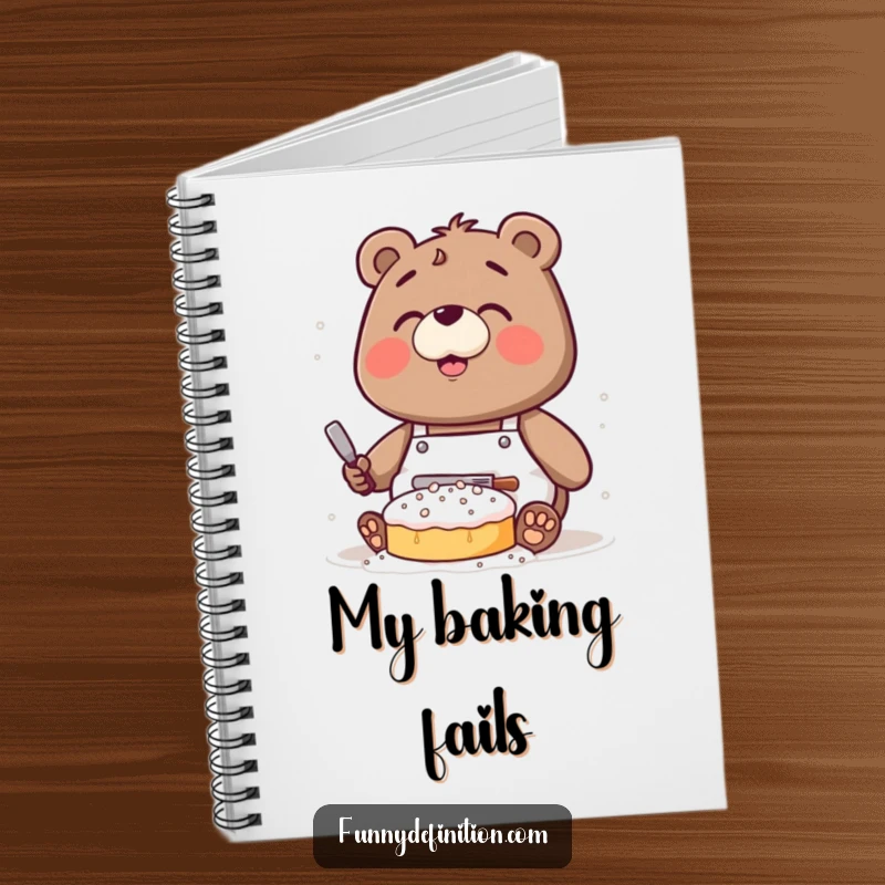 Funny notebook cover with a clumsy bear wearing an apron, covered in flour while baking a cake.