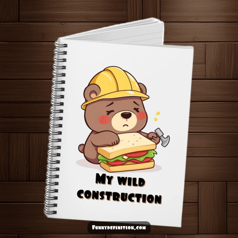 Funny notebook cover with a confused bear wearing a construction helmet, attempting to build a sandwich with a hammer, ready for your notes.