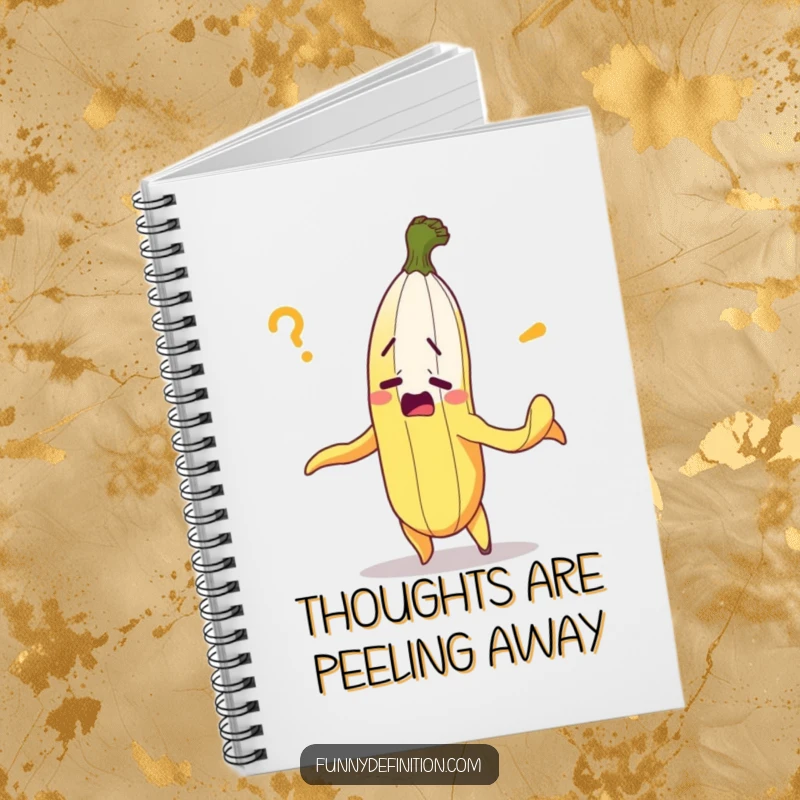 Funny notebook with a bewildered banana peeling itself, inspiring humorous note-taking and idea generation.