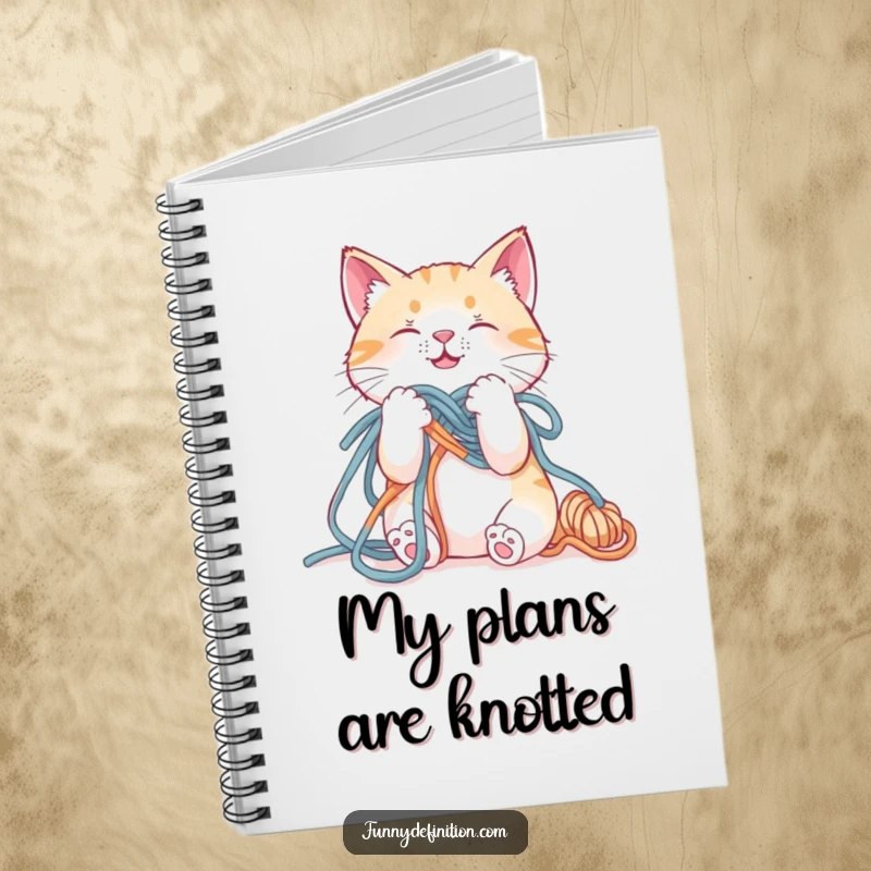 Funny notebook with a cat comically tangled in yarn, inspiring humorous note-taking and creative ideas.