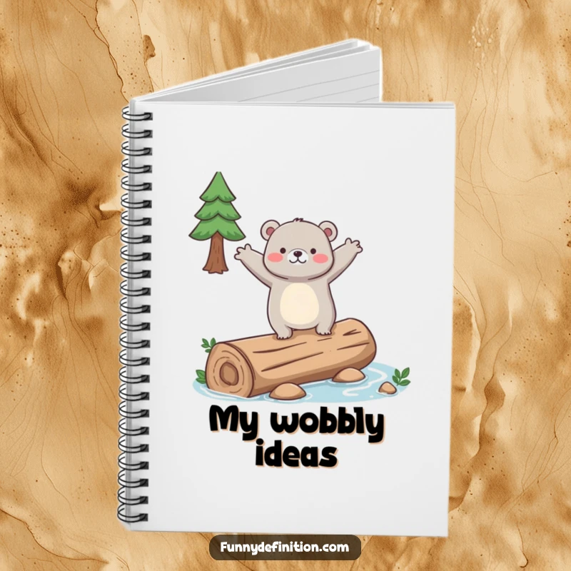 Funny notebook with a clumsy bear struggling to balance on a slippery log, arms out wide, for notes.