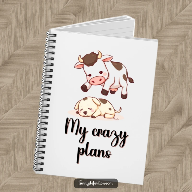Funny notebook cover with a cow attempting to jump over a tiny sleeping dog, symbolizing ambitious and humorous note-taking.