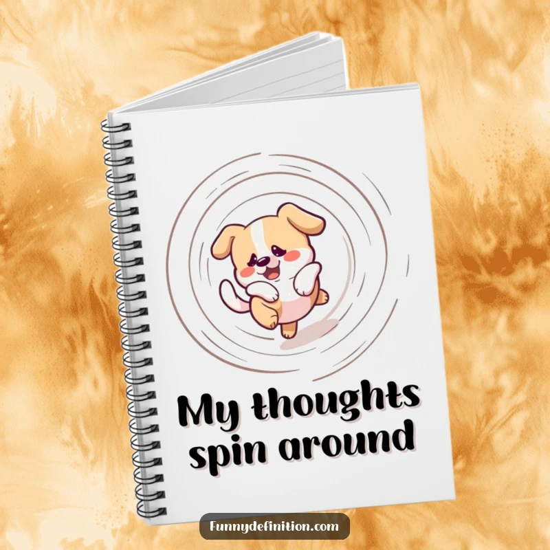 Funny notebook cover with a bewildered dog in a dizzying spiral chasing its tail, perfect for jotting down ideas with a dose of playful energy.