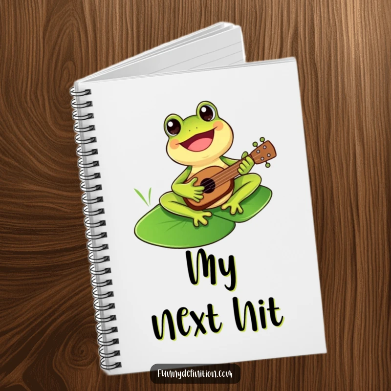 Funny cheerful frog playing a ukulele on a notebook cover, perfect for musical notes and ideas.