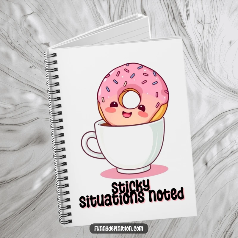 Funny notebook cover featuring a giggling donut with sprinkles floating upside down in a coffee cup.