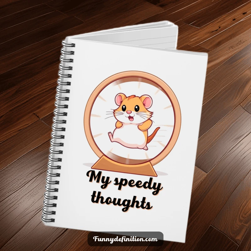 Funny hamster, a blur of motion, running in a hamster wheel on a notebook cover.