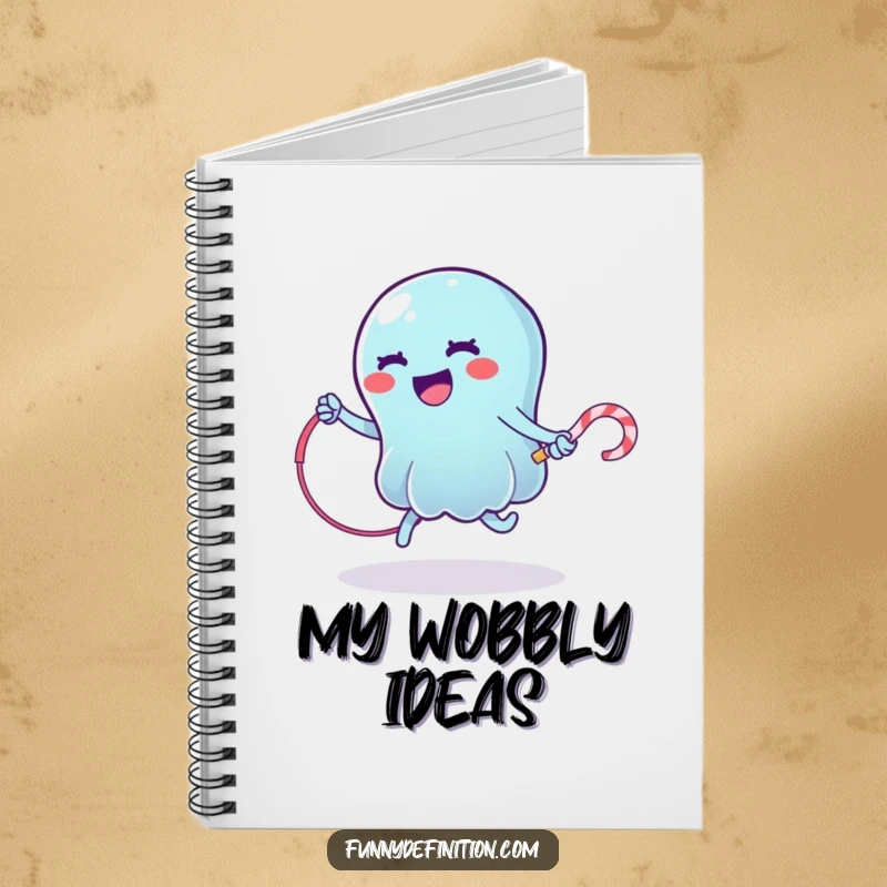 Funny notebook cover with a wobbly jelly character jumping rope with a licorice whip, perfect for notes and journaling.