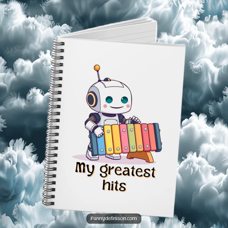 Funny Robot Notebook: A cheerful robot plays a giant xylophone, inspiring creativity and notes, ideal for a funny gift.