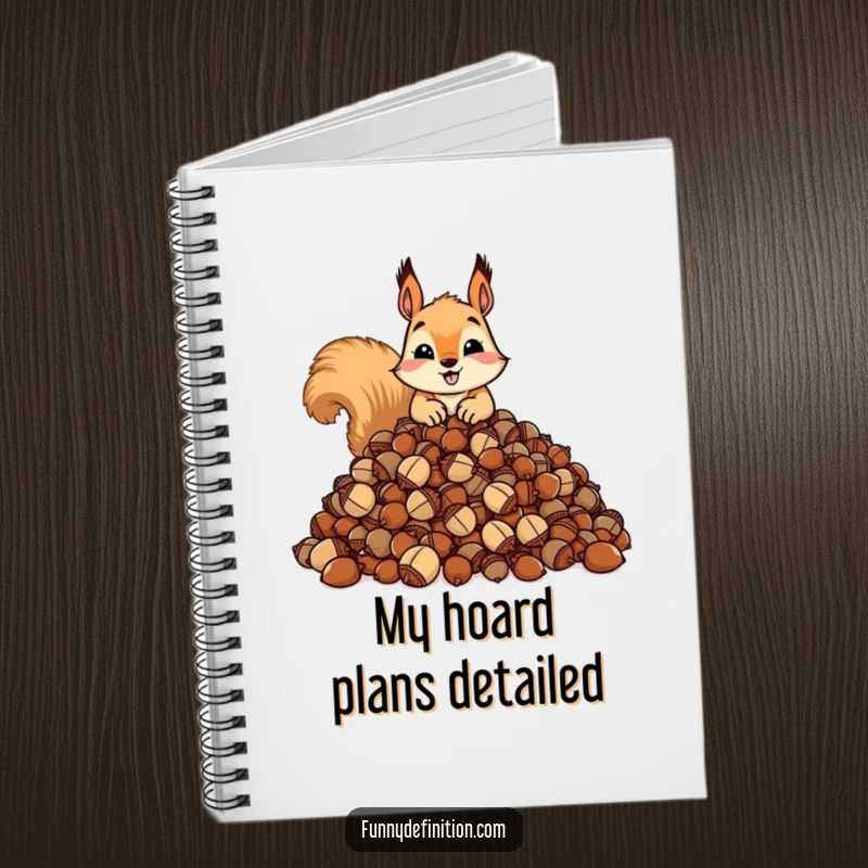 Funny notebook cover with a squirrel hoarding a large pile of acorns. Ideal for planning and note-taking.