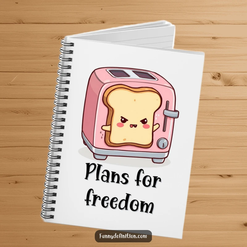Funny notebook cover with sentient toast escaping a toaster, determined look, ideal for note-taking and journaling with humor.