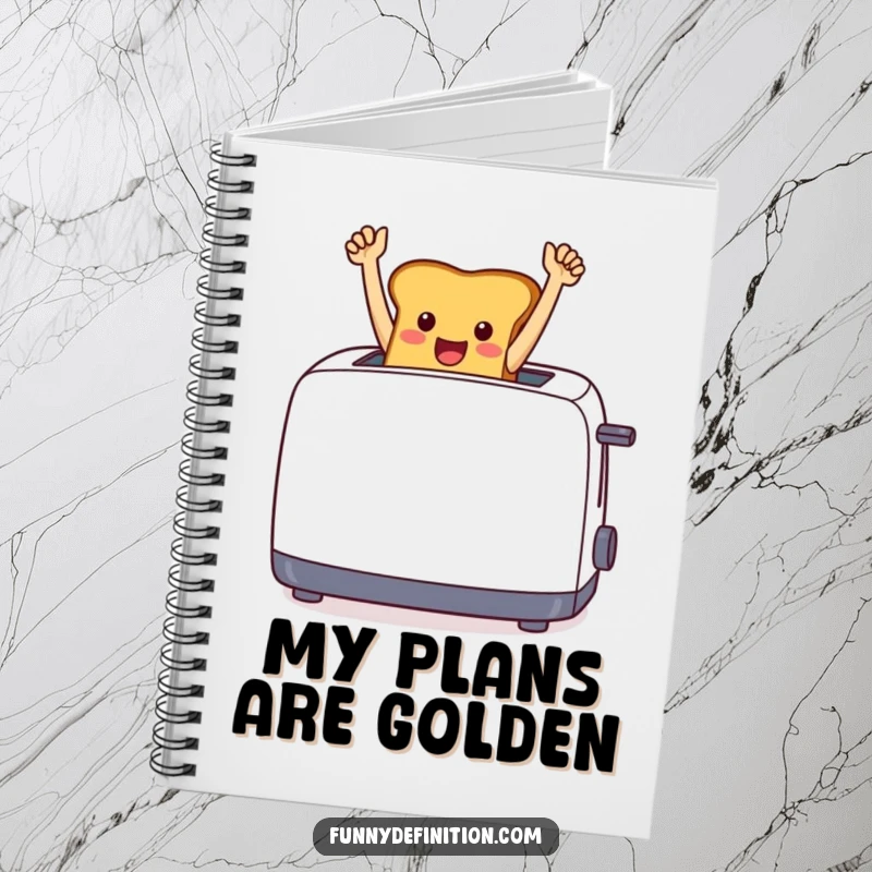Funny cheerful toast leaping from a toaster with arms raised in triumph on the cover of a notebook.