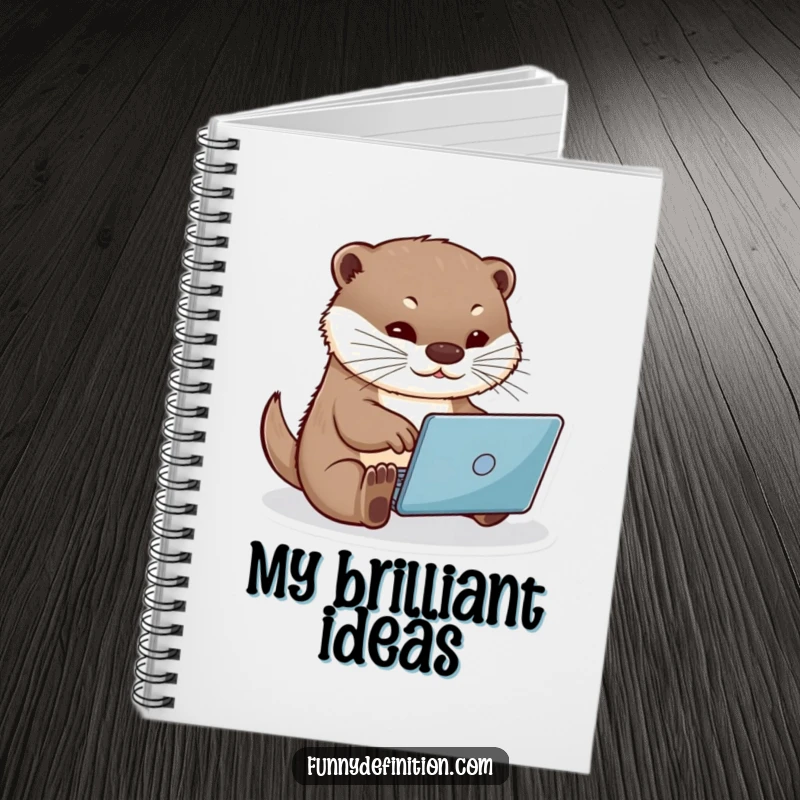 Funny otter typing on a small laptop, cover of a notebook, inspiring productivity and creativity with humor, funny gift notebook.
