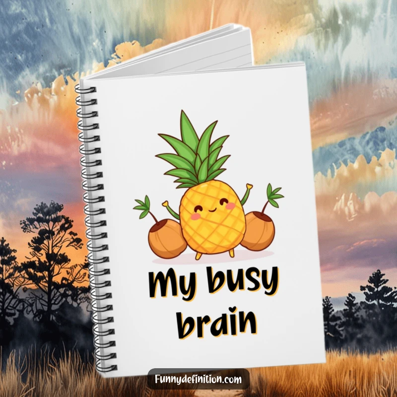 Funny notebook cover with a cheerful pineapple juggling coconuts, perfect for jotting down sunny thoughts.