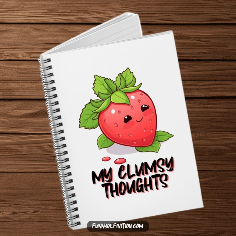 Funny Notebook with a blushing strawberry tripping over its leaves, inspiring sweet and humorous writing.