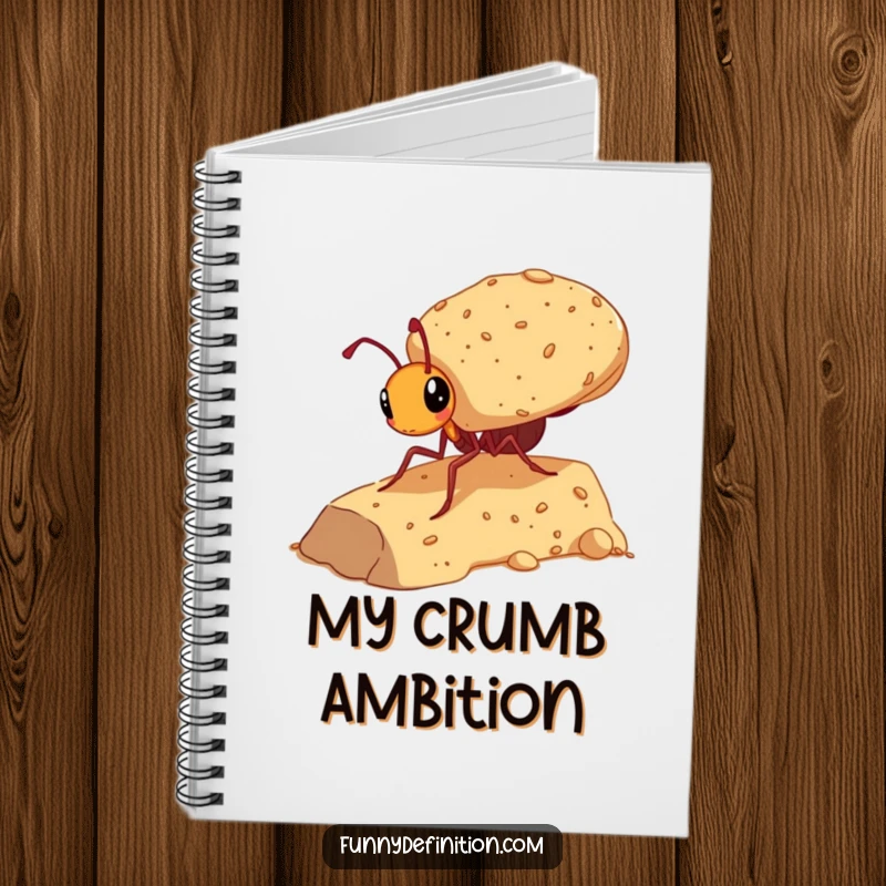 Funny notebook cover with a determined ant carrying a huge crumb, symbolizing big ideas and humorous effort.