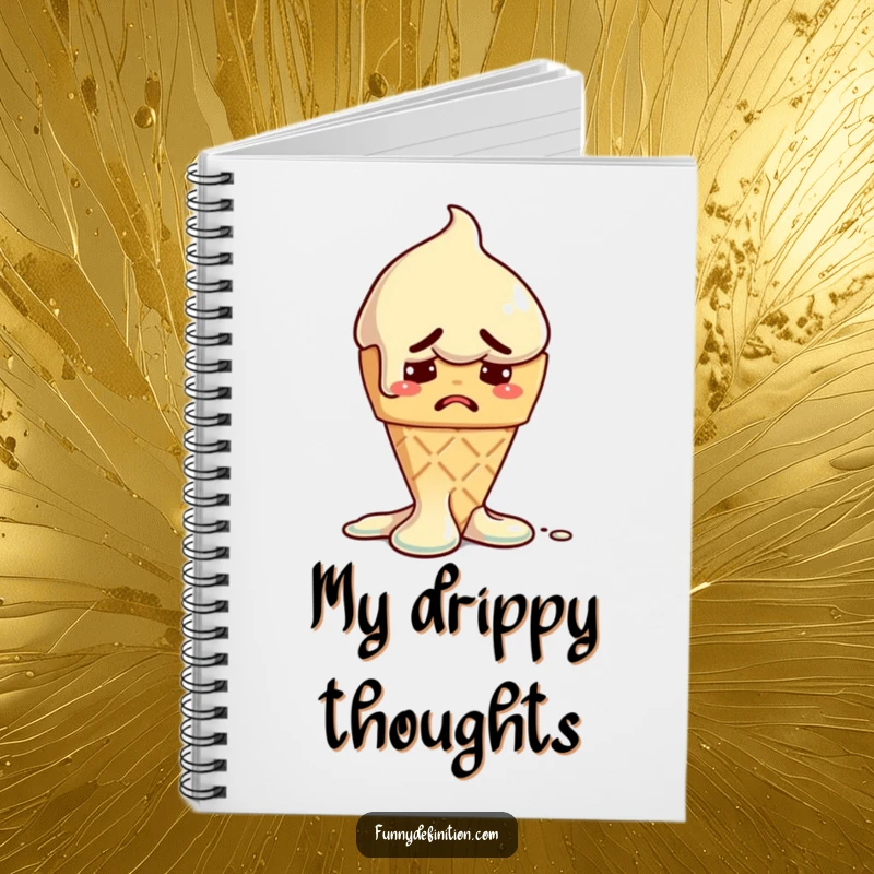 Funny notebook cover with a melting ice cream cone expressing worry, symbolizing fleeting ideas and humorous journaling.
